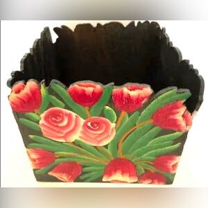 Vintage Handmade Hand Painted Tulips Floral Organic Carved Wooden Box Bin Wood